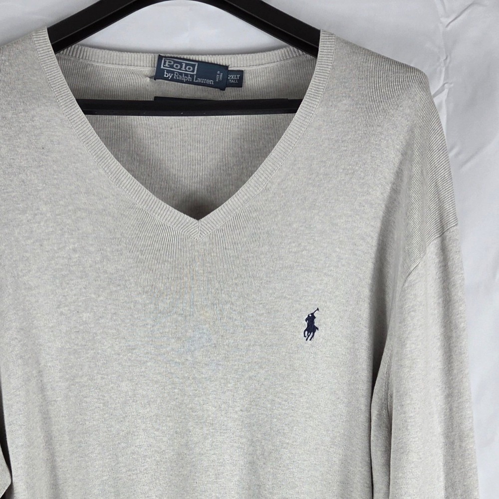 Polo Ralph Lauren Mens 2XLT Tall Pima Cotton V-Neck Sweater Heather Grey Pony